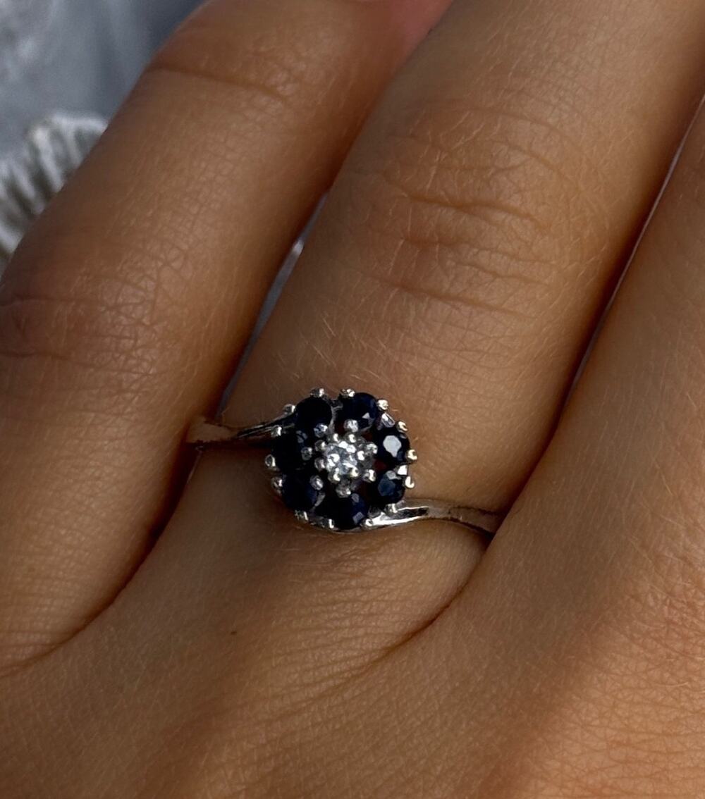 925 Sterling Silver Blue & White Sapphire Flower Ring Adjustable
